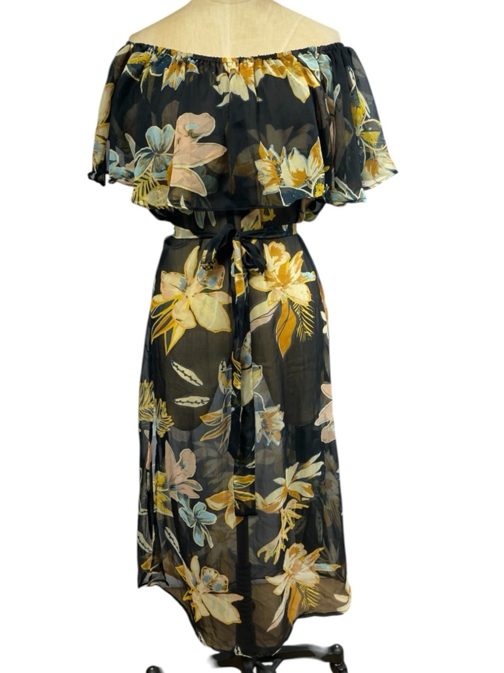 Accessory Off-Shoulder Floral Midi Dress Black Yellow New! Tiki Party Swim Beach